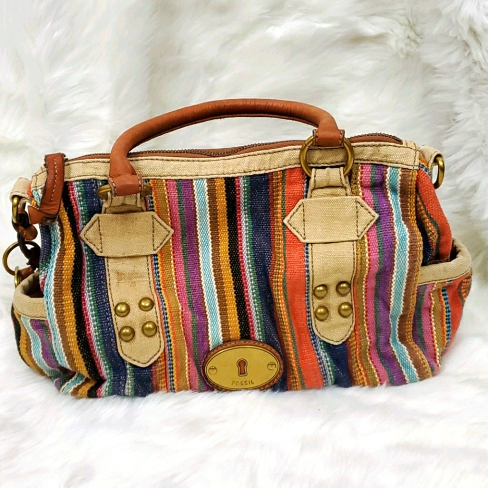 Fossil canvas purse bag leather strips handles Y2K Street Style